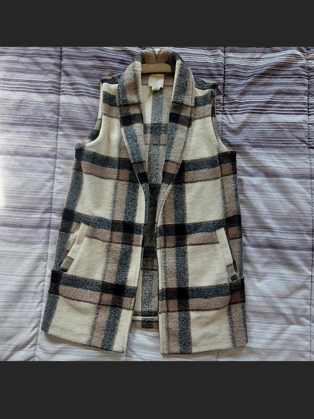 Joie Plaid Open-Front Longline Wool-Blend Vest with Shawl Collar XS like new